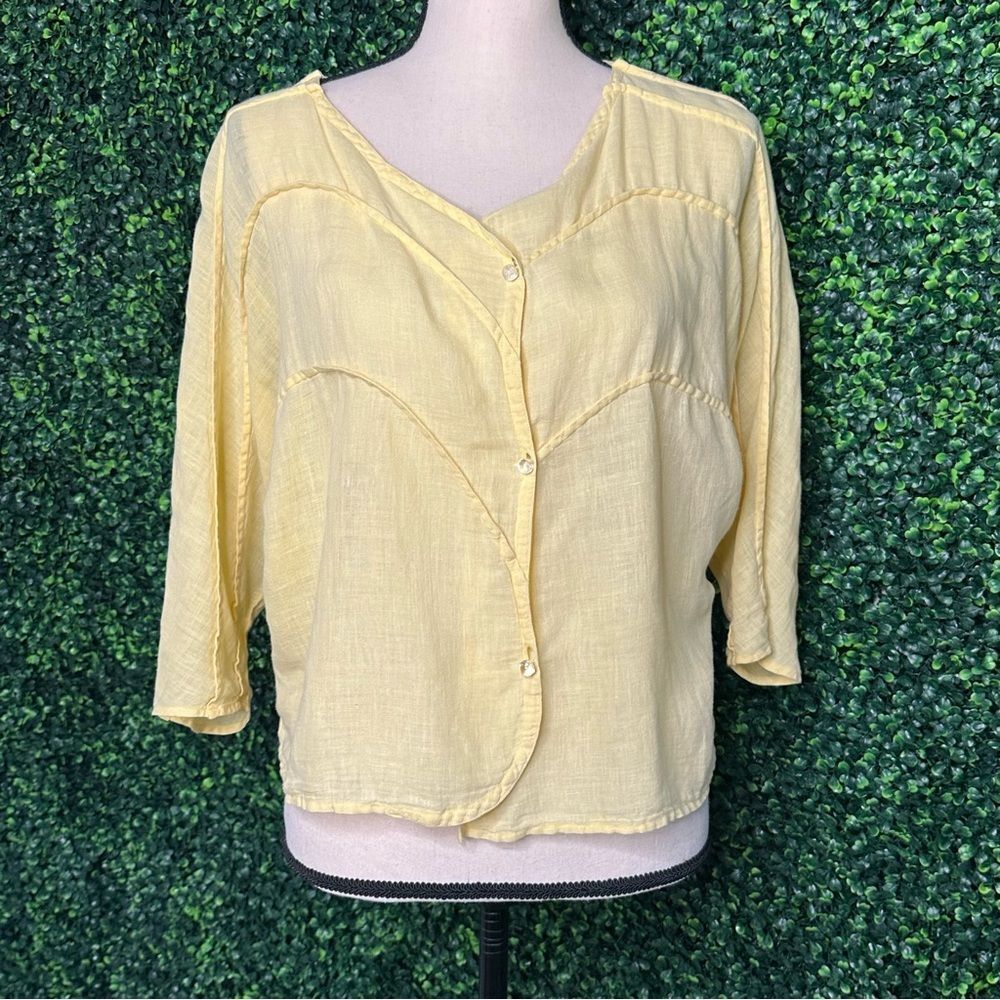 Italian 100% Linen Yellow Button Down Blouse Top Sz L/ XL